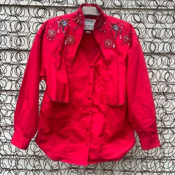 Wrangler Tops - Vintage 90s Wrangler Red cape beaded sweetheart neckline western shirt M/L?